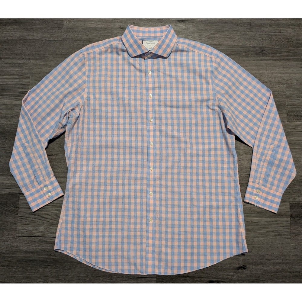 Charles Tyrwhitt Men's Pink Blue Checkered Non Iron Slim Shirt Size 17.5-35‎